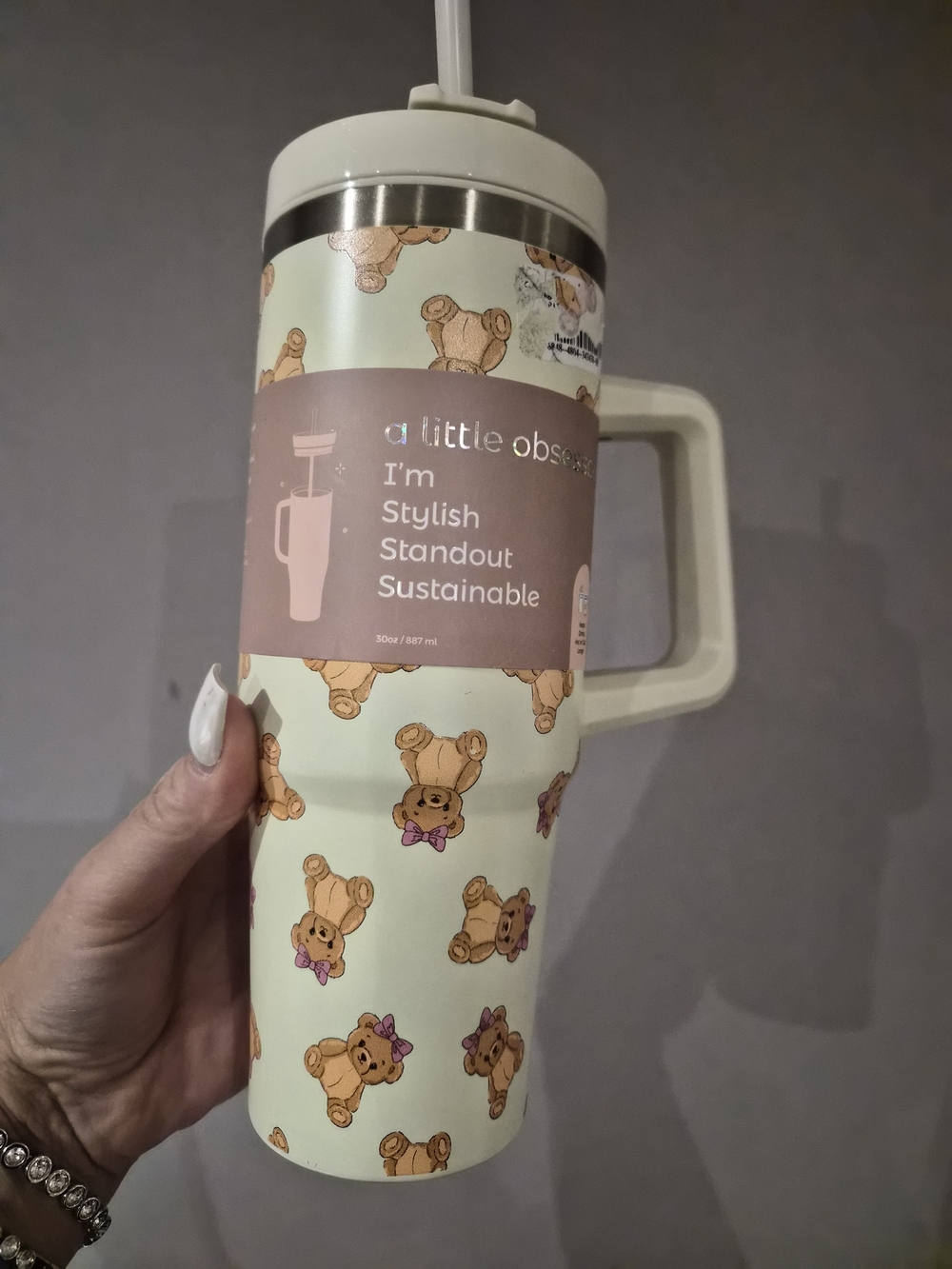 Cream Bear Print Travel Tumbler - Stylish Sustainable Drinkware